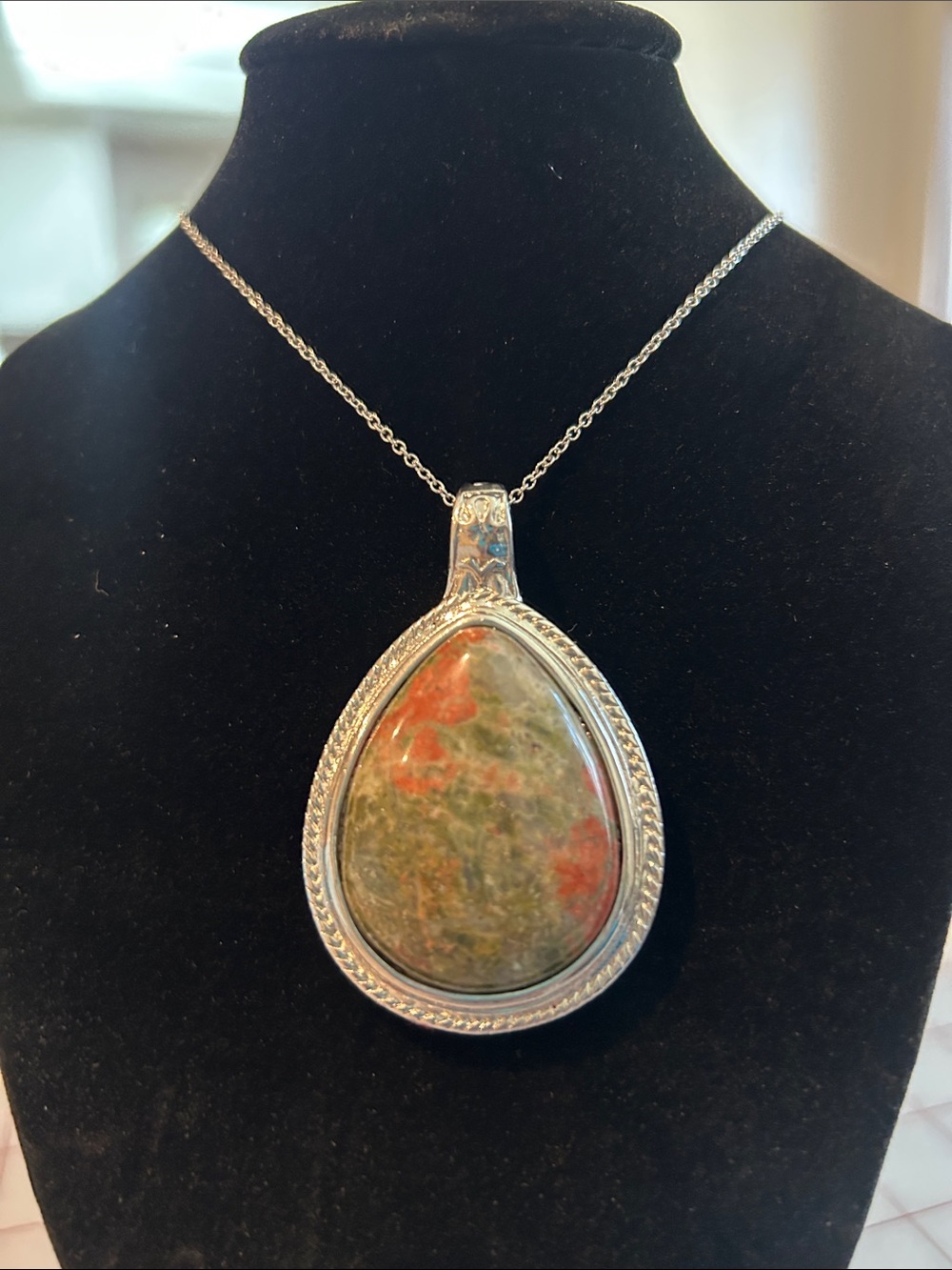 Silver Teardrop Jasper Pendant Necklace - Green & Red Stone